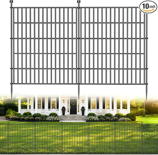 10 Panels No Dig Decorative Outdoor Garden Fence for Yard, 32 in(H) X 23.6 ft(L) Animal Barrier Fencing Rustproof Metal Wire Panel Border for Dog, Rabbits, and Patio Temporary Ground Stakes