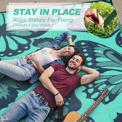 Anidaroel Butterfly Outdoor Rug 8X10 Patio Waterproof, Reversible Plastic Straw Outside Area Rug, Large Outdoor Area Rug for Deck, Camper, Backyard, Picnic(Green,8‘X10')