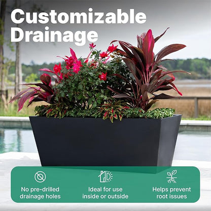 Step2 Tremont Trough Planter, Large Planters for Outdoor Plants, Gardening and Flower Pot for Patio or Porch, Efficient Drainage, Durable Plastic, Black, 2-Pack
