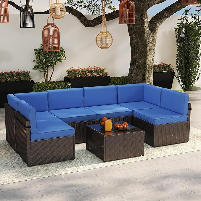 Kinsuite 7Pcs Patio Conversation Set - Wicker Backyard Furniture Outdoor Furniture with Cushions, All-Weather Couch Set with Coffee Table for Garden, Lawn, Deck, Blue