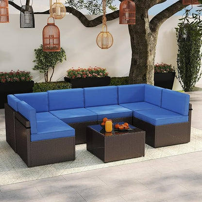 Kinsuite 7Pcs Patio Conversation Set - Wicker Backyard Furniture Outdoor Furniture with Cushions, All-Weather Couch Set with Coffee Table for Garden, Lawn, Deck, Blue