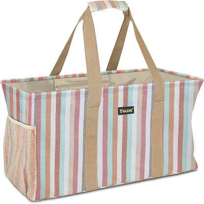 BALEINE Extra Large Utility Tote Bag with Reinforced Wire Frame, Reusable Grocery Bag for Shopping, Picnic (Color Stripe, 22''x12''x10'')