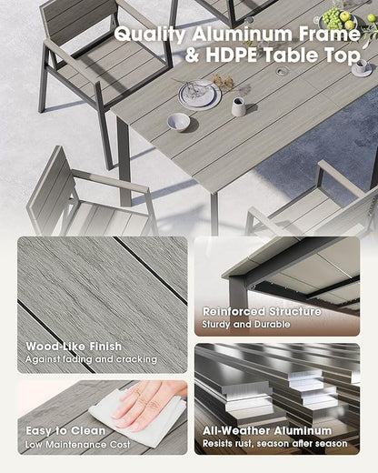 Outdoor Patio Dining Table, HDPE & Aluminum Outdoor Table with Umbrella Hole, All-Weather for Deck, Garden, Lawn, Backyard, Poolside and Indoor Use (Classic Gray)
