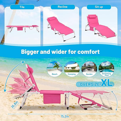Outdoor Chaise Lounge with Detachable Pillow, Reclining Folding Chair with 5-Position Adjustable Back, Portable Tanning Chair For Beach, Pool, Lawn, Breathable Mesh Seat, No Assembly (Pink 2)