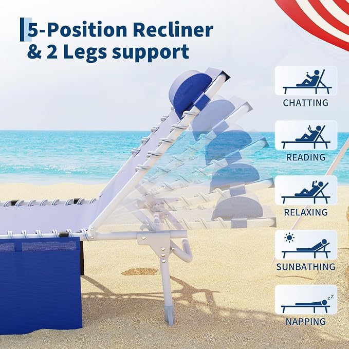 5-Position Adjustable Folding Beach Chaise Lounge Chair with Face Hole & Detachable Side Table, Portable Reclining Sun Tanning Lounger, Pool Chair with Storage Pocket & Shoulder Carry Strap, Max 330L