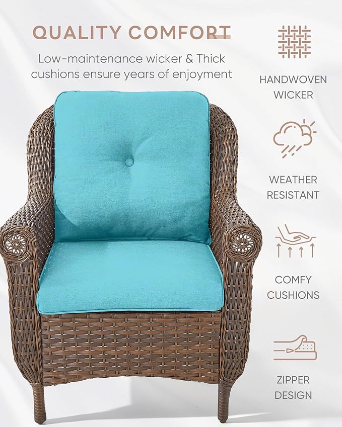 Outdoor Patio Chairs with Fire Pit Table 5 Piece Set - High Back Brown Wicker Rattan Lawn Chair with Thick Cushion for Porch Apartment Deck Yard Poolside Garden - Turqoise
