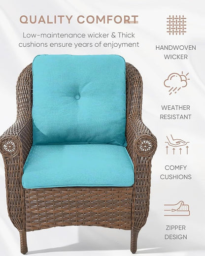 Outdoor Patio Chairs with Fire Pit Table 5 Piece Set - High Back Brown Wicker Rattan Lawn Chair with Thick Cushion for Porch Apartment Deck Yard Poolside Garden - Turqoise
