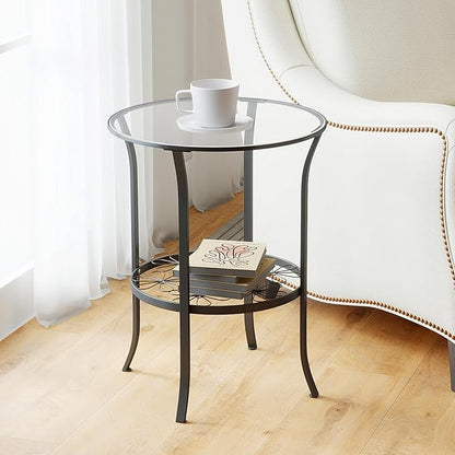 DDK 2-Tier Round Metal Side Table with Glass Top, Outdoor End Table for Patio or Balcony