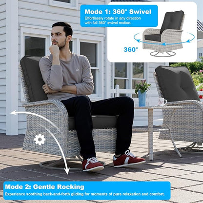 12-Piece Small Patio Furniture Set, Outdoor Swivel Rocking Chairs Set with 55,000 BTU Fire Pit Table Wicker Chairs and Ottomans, Patio Bistro Set for Balcony, Deck, Porch, Black