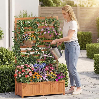 Giantex Raised Garden Bed with Trellis, 59” Tall Planter Box with Liner, Drainage Gaps for Climbing Vine Vegetable Flower, Indoor Outdoor Freestanding Privacy Screen for Porch Patio Yard