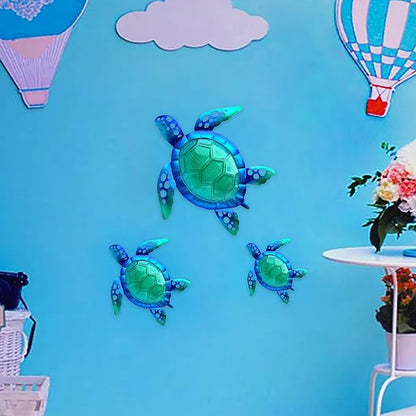 JOYBee Sea Turtle Wall Art Decor, Metal & Glass Sea Life Nautical Home Wall Hanging Decor,Ocean Theme Coastal Decorations for Indoor Outdoor Bathroom and Garden-Blue（Set of 3）