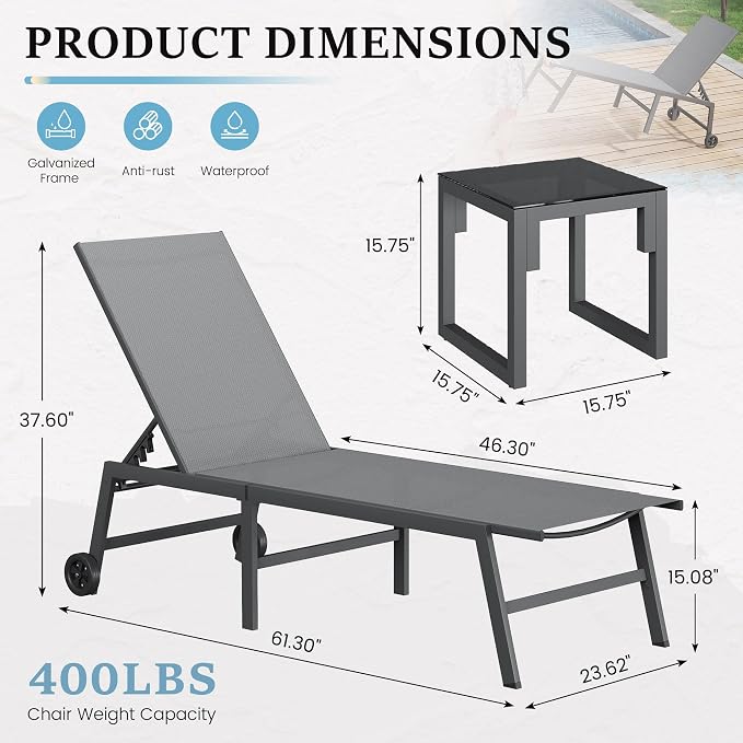UDPATIO 3 PCS Patio Lounge Chair Outdoor Chaise Lounges with Wheels & Side Table 5-Position Reclining Rust Free Patio Chairs for Poolside Backyard Garden Deck Beach