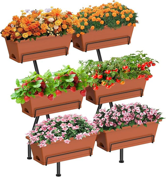 Sunexinlo 3-Tier Vertical Garden Planter with 6 Boxes, 31" Tall Raised Garden Bed with Adjustable Feet for Herbs, Flowers, Vegetables, Ideal for Indoor, Outdoor, Patio, Balcony, Deck Use, Brick Red