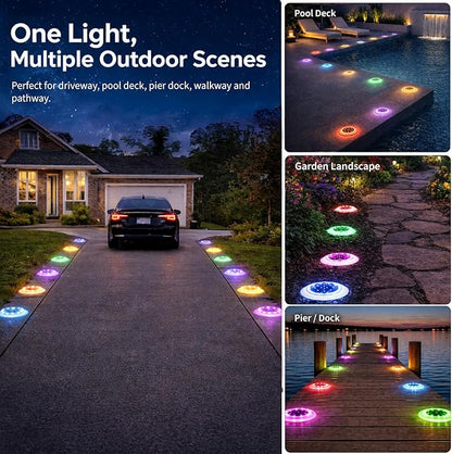 SHONELIGHTING Solar Driveway Lights, 48 LEDs 12-Color Changing Flat Dock Ground Lights, Waterproof Low Profile for Driveway, Walkway, Deck, Patio, Pathway, Poolside (RGB-W, 2 Pack)
