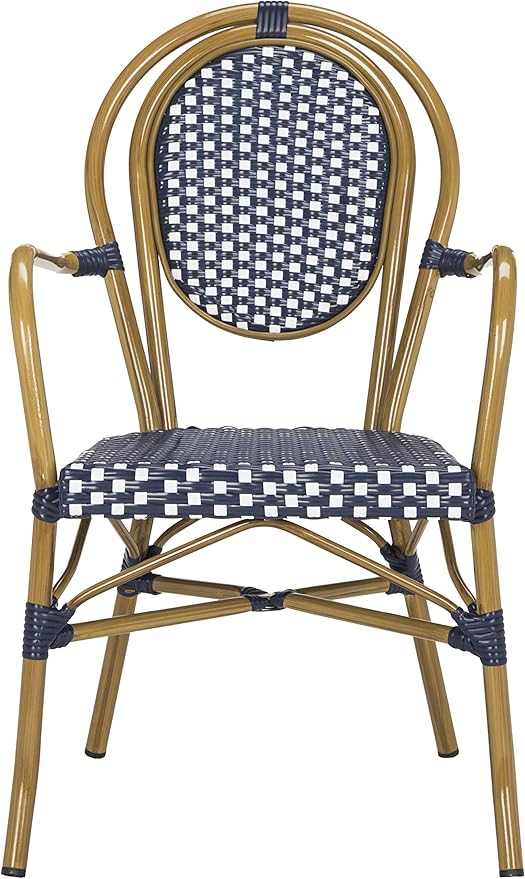 SAFAVIEH PAT4014A-SET2 Outdoor Collection Rosen Navy and White French Bistro Stacking Arm Chair
