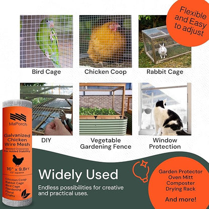 MaPorch Hardware Cloth Mesh - Galvanized Chicken Wire Mesh (15.7'' x 118.1', 1/2 Inch Square) for Chicken Coop, Rabbit and Poultry Fencing - Wire Fence - Metal Fencing