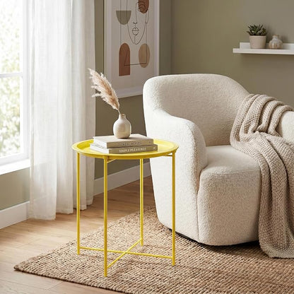 VECELO Side/End Table, Folding Round Metal Anti-Rust and Waterproof Outdoor or Indoor Tray for Living Room Bedroom Balcony and Office, 1 PCS,Yellow
