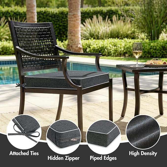 MIULEE Dark Grey Outdoor Chair Cushions Set of 2, 19x19x3 Inch Waterproof Patio Seat Cushions for Outdoor Furniture Couch Sofa, 3 Year Color Fastness High Density Foam with Adjustable Ties