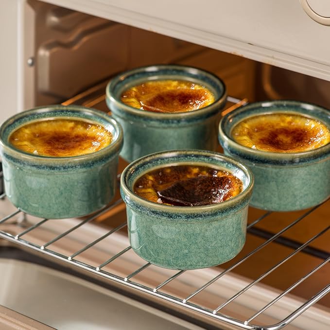 Ramekins 4 oz Oven Safe, Creme Brulee Ramekins, Pudding Custard Cups, Souffle Dishes, Small Ceramic Dipping Sauce Bowls Set of 4 - Moss Green