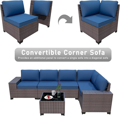 6PCS Outdoor Patio Furniture Set,PE Rattan Wicker Patio Conversation Set with Washable Cushions & Glass Coffee Table,Patio Sectional Furniture Set for Garden, Poolside, Backyard,Navy