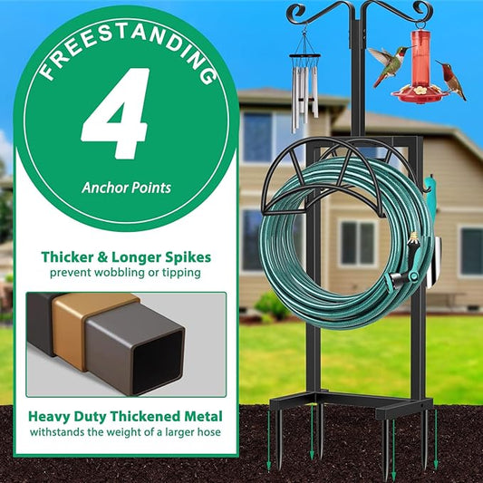 TomCare Garden Hose Holder 4 Spikes Garden Hose Reel Hose Stand Upgraded Water Hose Storage with Tool Hooks Garden Hose Hanger Organizer Holds 160ft Hoses for Outside Yard Lawn, Black