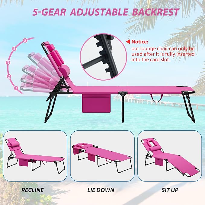 400lbs Tanning Chair with Face Hole, 5-Position Folding Chaise Lounge Chair with Side Pockets, Portable Beach Lounge Chair for Outdoor Sunbathing Patio Pool Lawn, Pink