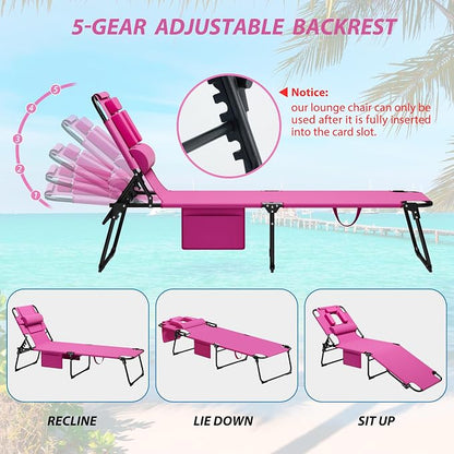 400lbs Tanning Chair with Face Hole, 5-Position Folding Chaise Lounge Chair with Side Pockets, Portable Beach Lounge Chair for Outdoor Sunbathing Patio Pool Lawn, Pink