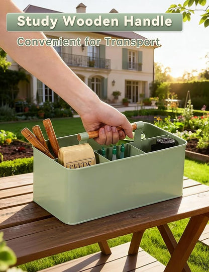 Gardening Tool Caddy, Garden Tool Basket with 4 Compartments, Metal Garden Caddy with Wooden Handle for Indoor & Outdoor