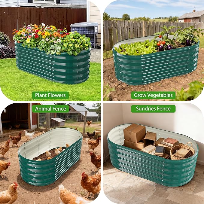 YSEJOMP 17" Tall Outdoor Garden Raised Garden Bed Kits, 4ft X 2ft Oval,0.8MM Thick Metal Raised Planter Bed/Ground Planter Box for Variety of Flowers,Herbs,Vegetables (Dark Green, 48X24X16.5 Inches)