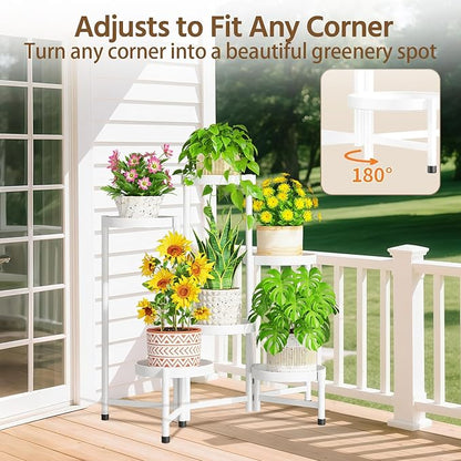 LASZOLA 6 Tiered Folding Plant Stand Indoor for Multiple Large Planter, Tall Heavy Duty Adjustable Rack with Rust Proof 10 Inch Wide Tray, Sturdy Vertical Tree Organizer for Narrow Inside Floor, White