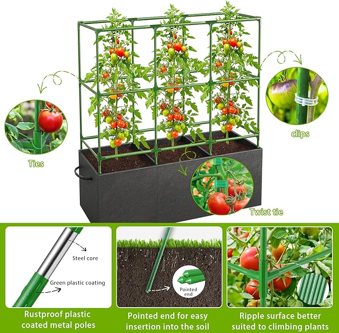 51x17x49 Inch Garden Tomato Cages Planter with 46 Gallon Grow Bags, Square Plant Support Trellis,for Vertical Climbing Plants Vegetables Fruits Flowers Outdoor Gardening Supplies