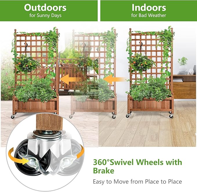 Giantex Mobile Plant Raised Bed, Wood Planter with Lattice Trellis and Wheels, Flower Box for Plant Climbing, Vertical Garden for Balcony Patio Yard, 25"x11"x 50"
