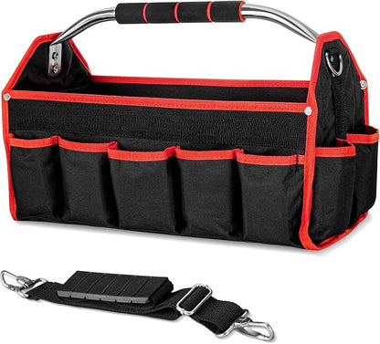 HAUTMEC 16" Foldable Tool Tote Bag, Open Top Tool Bag with Stiff Frame, 16-Pockets Electrician Tool Bag with Padded Steel Handle, Shoulder Strap & Water-Resistant Hard Base – TB0002
