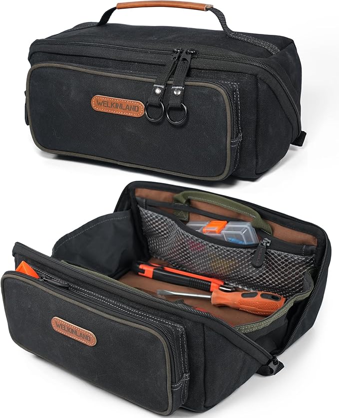 WELKINLAND LayFlat Tool Pouch Organizer, 13-Inch Small Tool Bag, Heavy-Duty Waxed Canvas Tool Pouch, 5-Pocket Small Tool Bags with Zipper, Wide-Open Electrician Tool Bag