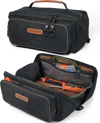 WELKINLAND LayFlat Tool Pouch Organizer, 13-Inch Small Tool Bag, Heavy-Duty Waxed Canvas Tool Pouch, 5-Pocket Small Tool Bags with Zipper, Wide-Open Electrician Tool Bag