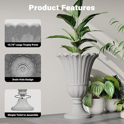 23" Tall Planters for Outdoor Plants Set of 2, Planter with Drainage Holes and Petal Design, Large Outdoor Planters for Porch, Garden, Indoor, Grey