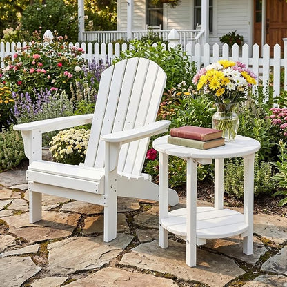 2 Tier Round Outdoor Side Table with Wood-Like Grain, HDPE Adirondack Table Patio Side Table, Weather Resistant End Table for Pool, Patio & Porch, Small Outdoor Table (White, Round)