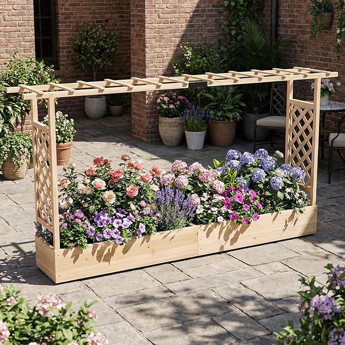 S AFSTAR Raised Garden Bed with Trellis, 2 Pieces Fir Wood Planter Box with Flat Roof & Drainage Holes, Vertical Planter Raised Bed for Climbing Plants, Flowers & Vegetables, 87" x 14" x 45" (Natural)