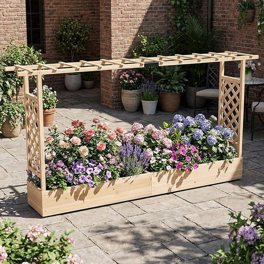 S AFSTAR Raised Garden Bed with Trellis, 2-in-1 Fir Wood Planter Box with Flat Roof & Drainage Holes, Vertical Planter Raised Bed for Climbing Plants, Flowers & Vegetables, 87" x 14" x 45" (Natural)