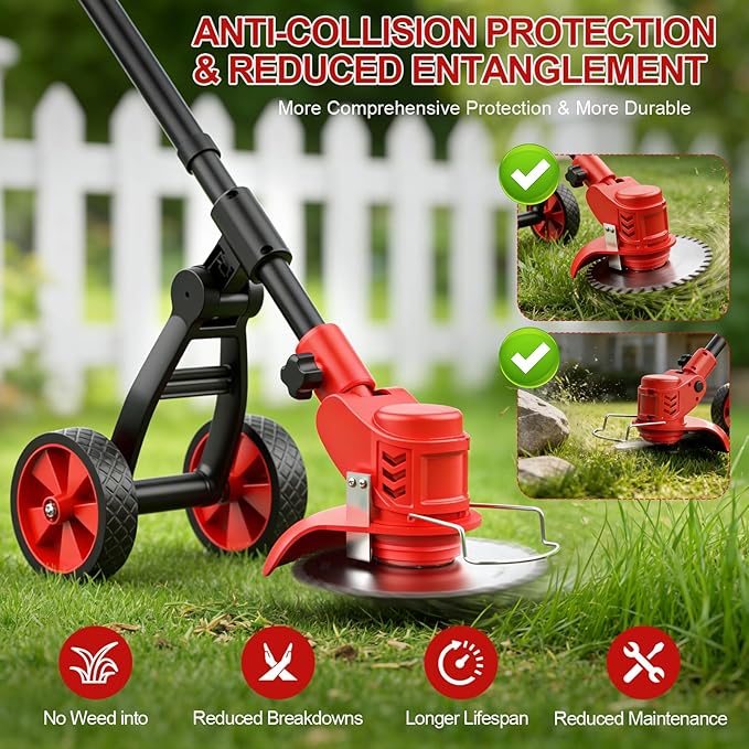 Cordless Weed Wacker, Electric Weed Trimmer with Wheels, 2x2.0Ah 21V Battery Powered Weed Eater, String Trimmer Brush Cutter, 3 Types Blades Lawn Mower Edger Lawn Tool for Garden Yard