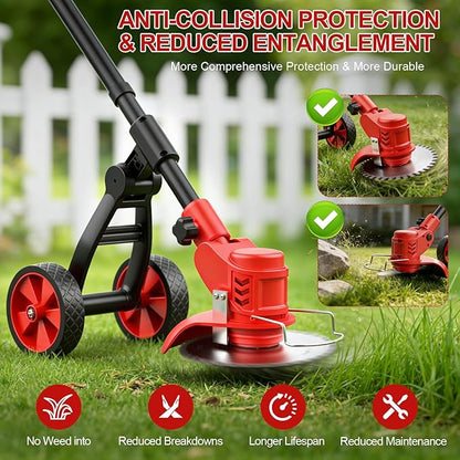 Cordless Weed Wacker, Electric Weed Trimmer with Wheels, 2x2.0Ah 21V Battery Powered Weed Eater, String Trimmer Brush Cutter, 3 Types Blades Lawn Mower Edger Lawn Tool for Garden Yard
