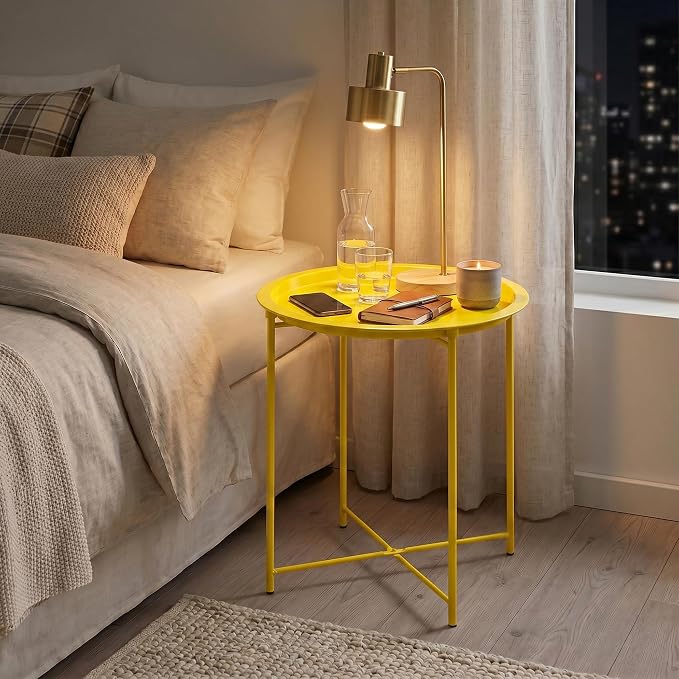 VECELO Side/End Table, Folding Round Metal Anti-Rust and Waterproof Outdoor or Indoor Tray for Living Room Bedroom Balcony and Office, 2 PCS, Yellow