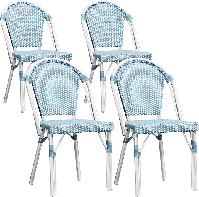 PURPLE LEAF Outdoor Dining Chair Set of 4 Hand-Woven Wicker Rattan Chairs for Outdoor Garden Kitchen Backyard Porch White Print Finish Patio Chairs Light Blue French Bistro Chairs