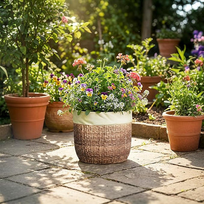 Ceramic Planter - 9.8 Inch Plant Pot for Indoor Outdoor Plants, Boho Ceramic Plant Pots with Drainage Hole and Plug, Round Indoor Planter, Garden Decor, Gardening Gifts for Women, Brown