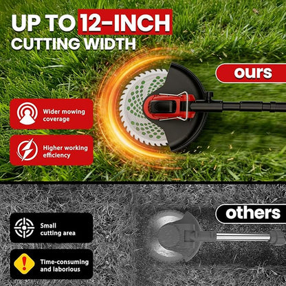 Electric Weed Wacker with Wheels, 12-Inch 2x3.0Ah 21V Battery Powered Weed Eater, Cordless Lawn Mower with 4 Types Blades, 800W Brushless Brush Cutter, 20000RPM Grass Trimmer for Garden Yard