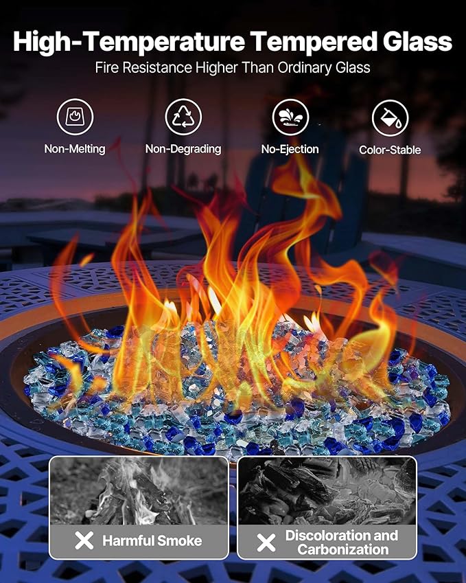 VEVOR Fire Glass, 10 LBS / 4.5 KG Fireplace Rocks, 1/2-Inch / 12.7 mm Reflective Firepit Glass Rock, High Luster & Smokeless Stone Landscaping for Fire Pit Table, Cobalt Blue + Aqua Blue + Clear