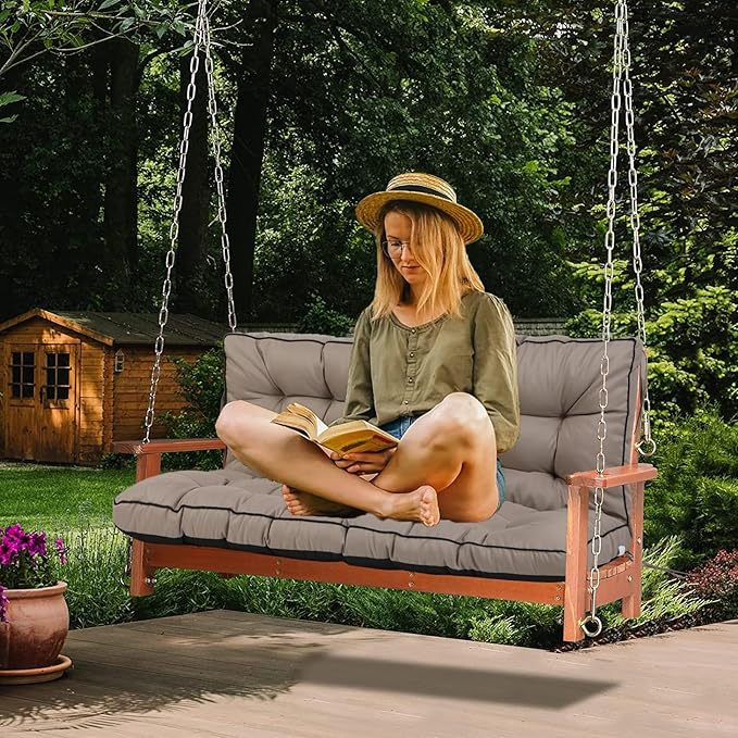 Swing Replacement Cushions with Backrest, 2 or 3 Seater Waterproof Non-Slip Overstuffed Swing Pad, Indoor/Outdoor Bench Cushion for Porch Chair Garden Furniture (Khaki, 40 * 63 in)