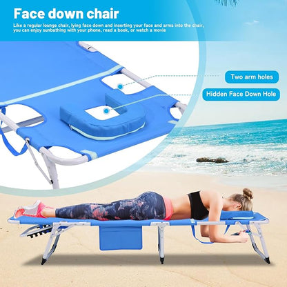 3-in-1 Oversized Sun Tanning Chair with Mat & Face Hole, Heavy Duty Folding Chaise Lounge - 5-Position Adjustable Outdoor Chair for Beach, Pool, Patio, Lawn, Yard - Includes Pillow