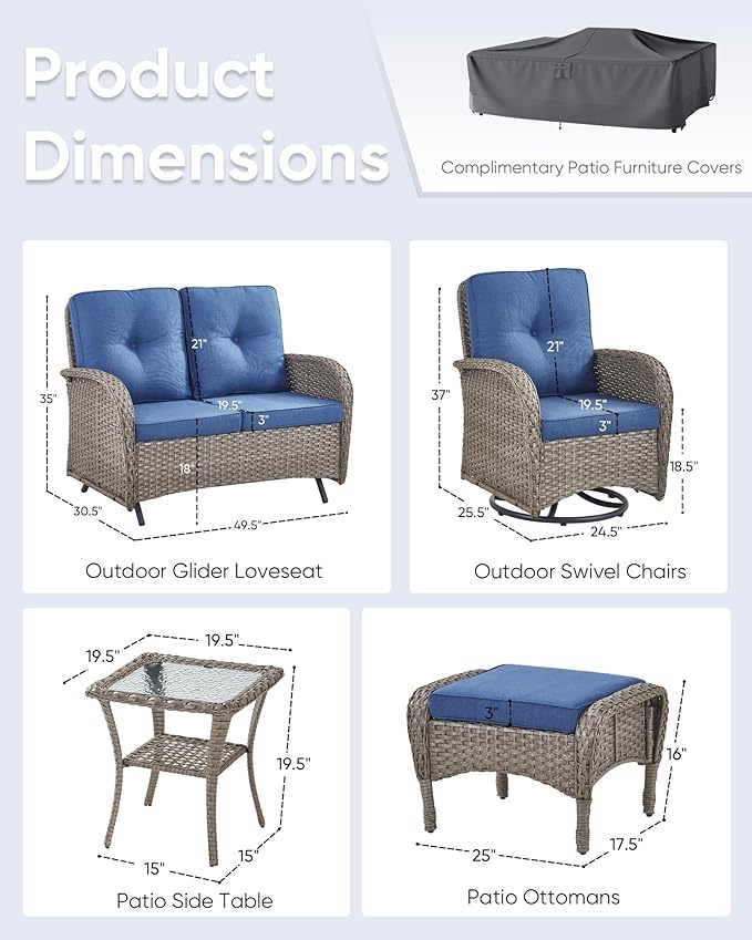 6 Pieces Patio Wicker Furniture Set-Outdoor Swivel Chairs Set of 2 Outdoor Glider Love seat with Outdoor Footstool Patio Furniture for Deck Porch Garden Balcony Poolside-Grey/Blue