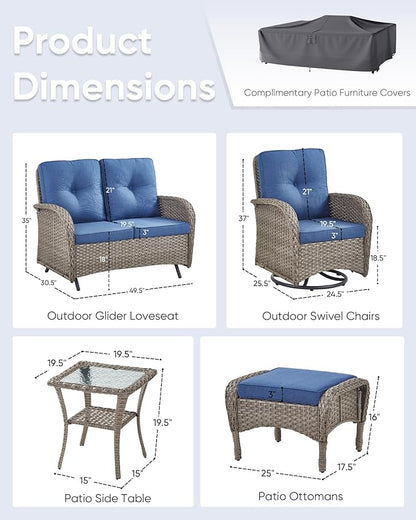 6 Pieces Patio Wicker Furniture Set-Outdoor Swivel Chairs Set of 2 Outdoor Glider Love seat with Outdoor Footstool Patio Furniture for Deck Porch Garden Balcony Poolside-Grey/Blue